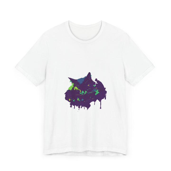 Black Cat Mystery t-shirt with vibrant colorful paint splatter design for a bold and edgy look