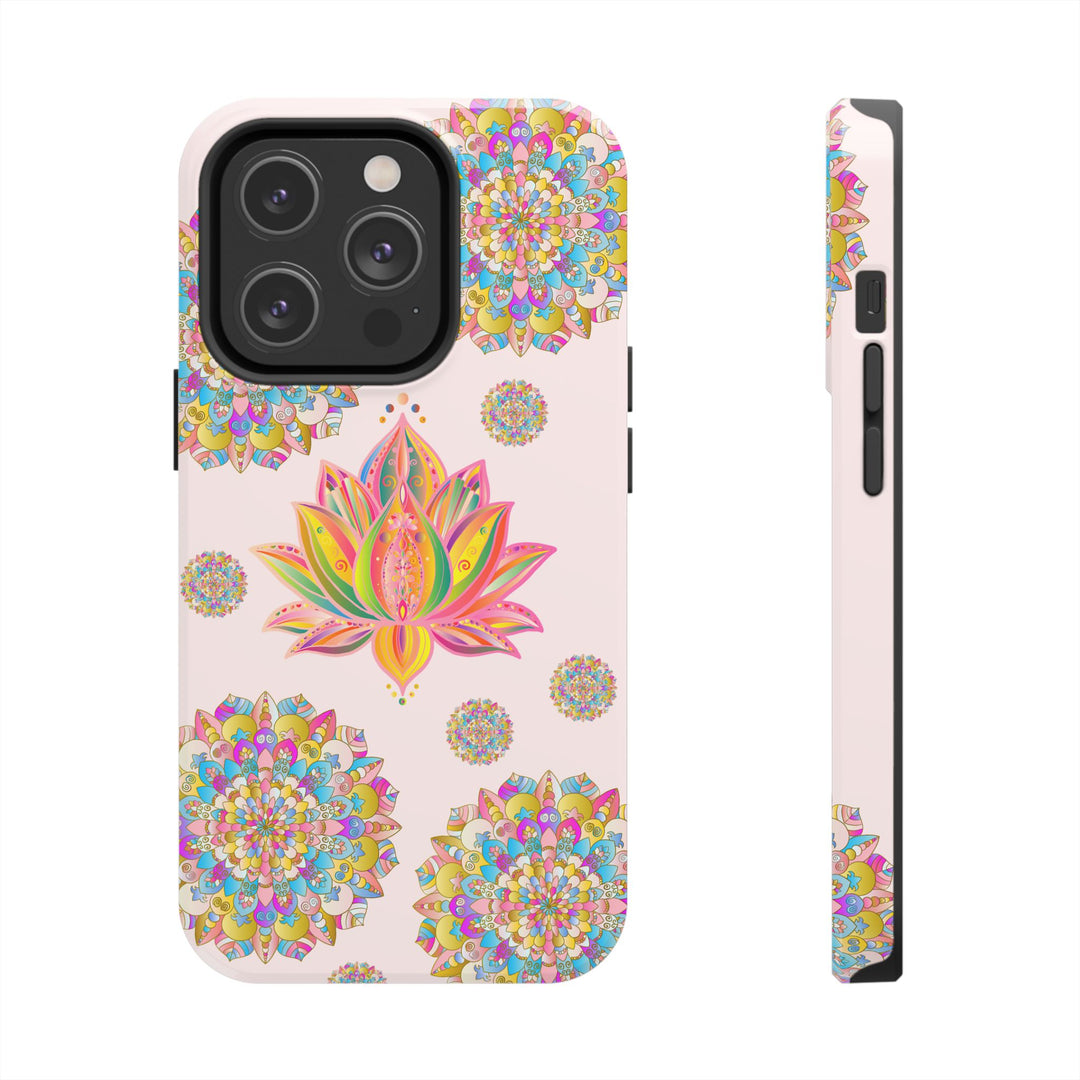 Beautiful light pink phone case with intricate lotus flower mandala design