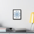 Beautiful steel blue mandala design handmade wall art on gallery canvas wraps, displayed in a vertical frame