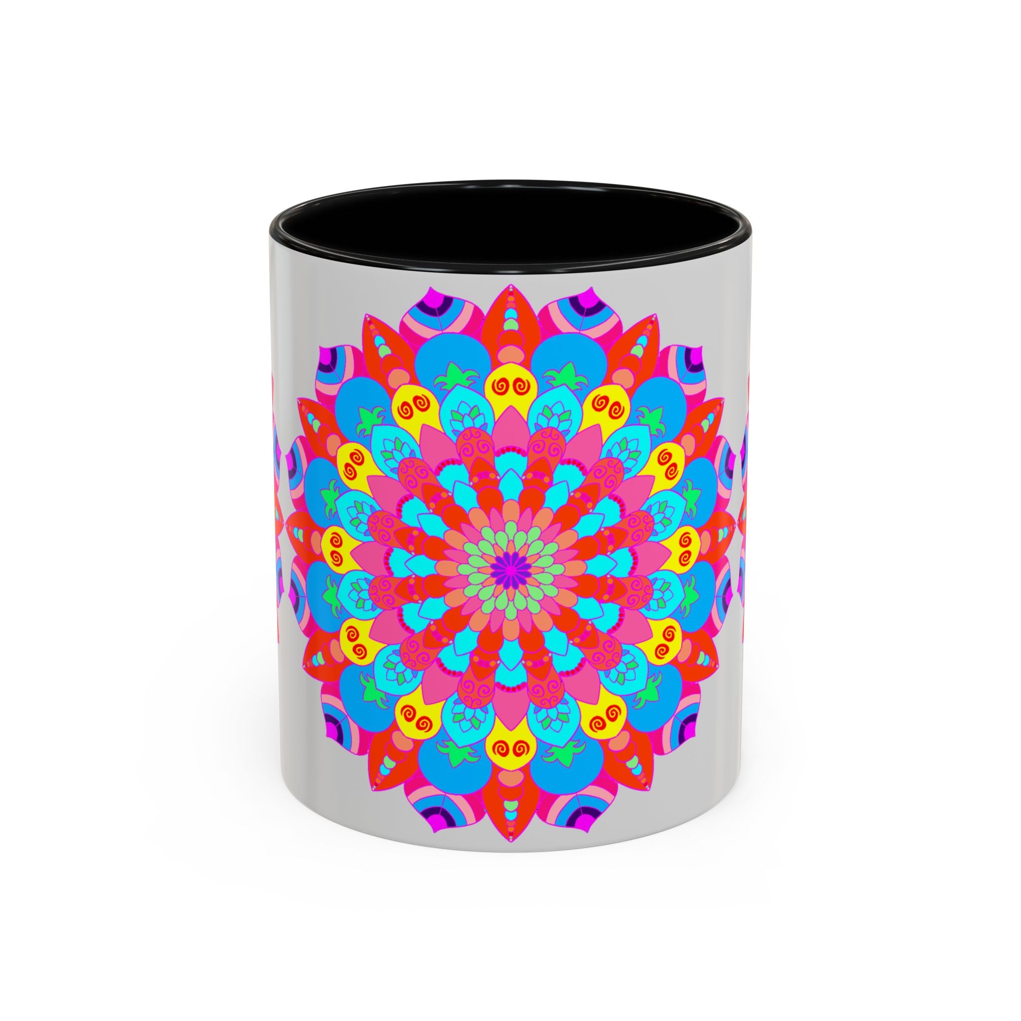 Colorful ceramic mug featuring a vibrant mandala design, promoting peace and tranquility