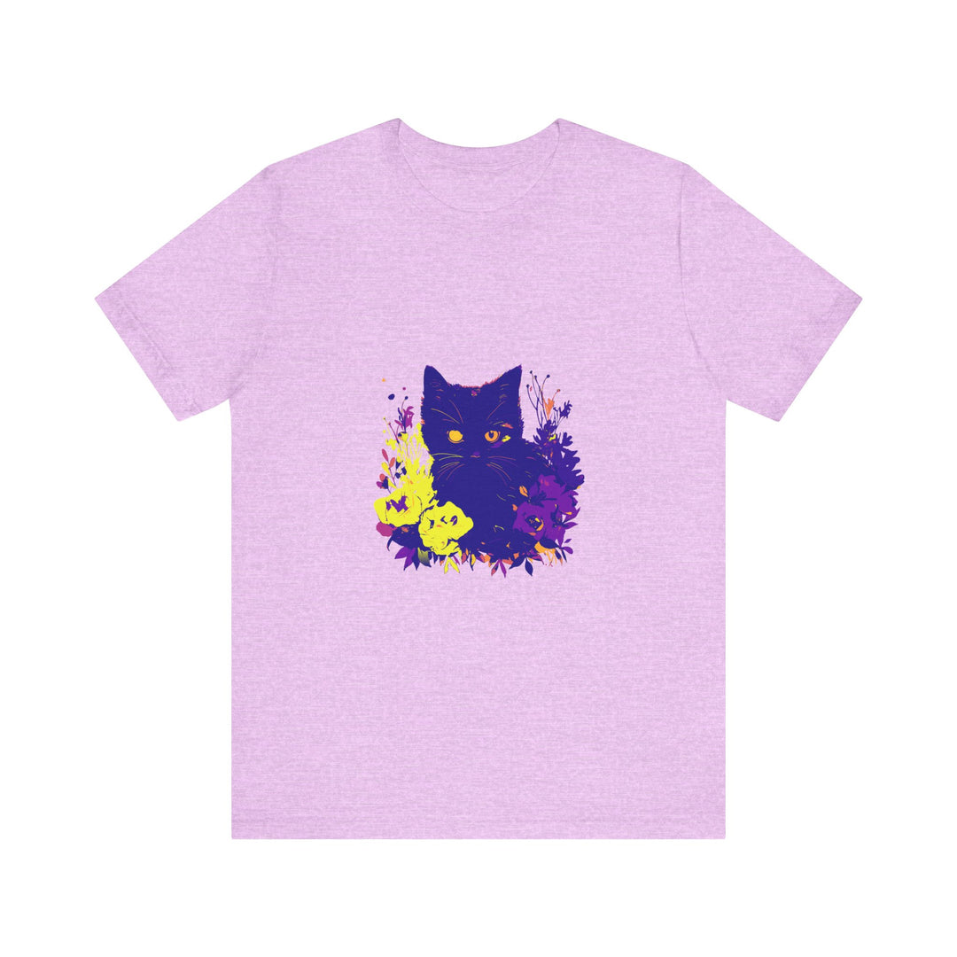 Black Cat Mystery Neon Flower T-Shirt with colorful floral design and unique cat graphic