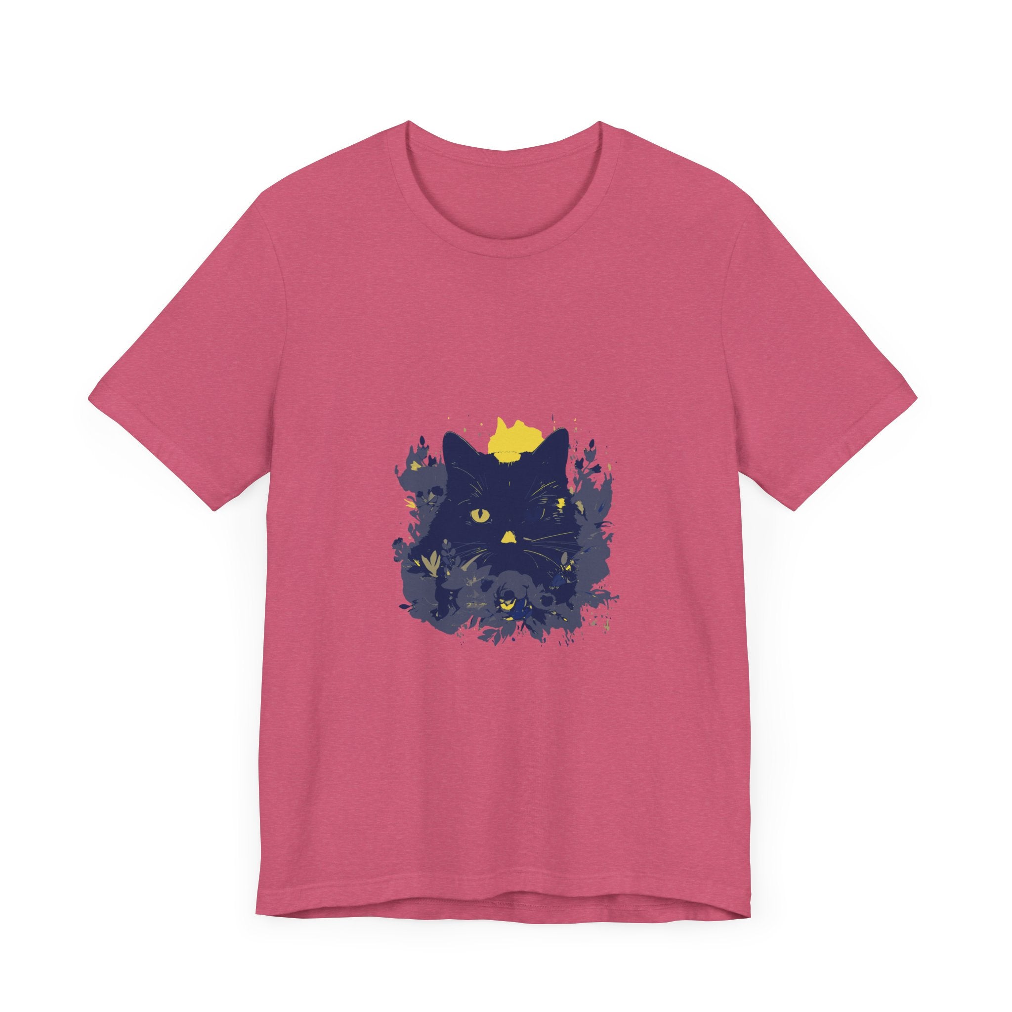 Black Cat Mystery T-Shirt featuring a whimsical flower design in black and white