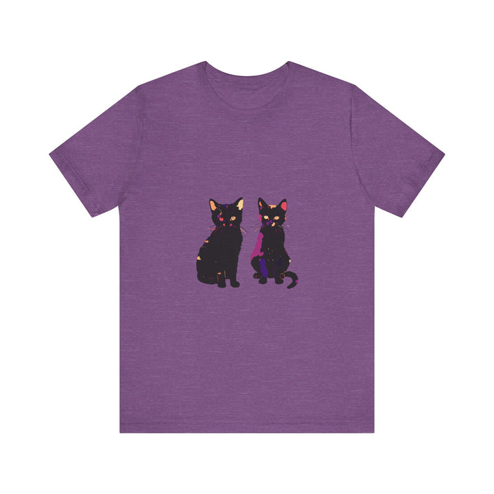 A stylish and eye-catching black cat mystery t-shirt featuring elegant and colorful design