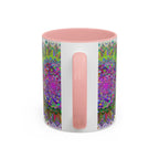 Alt text: Colorful and intricate psychedelic mandala design adorns a gray ceramic mug, creating a vibrant and eye-catching piece of art