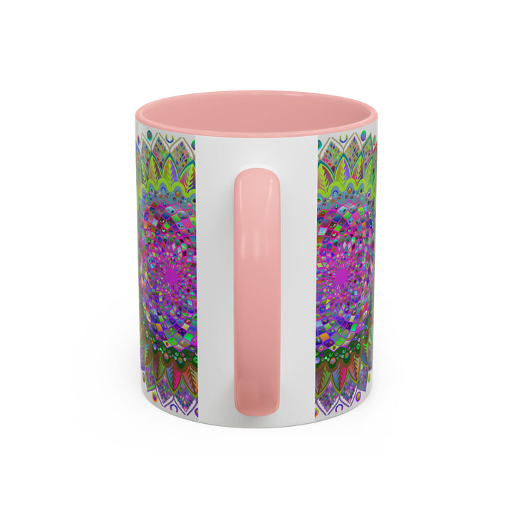 Alt text: Colorful and intricate psychedelic mandala design adorns a gray ceramic mug, creating a vibrant and eye-catching piece of art