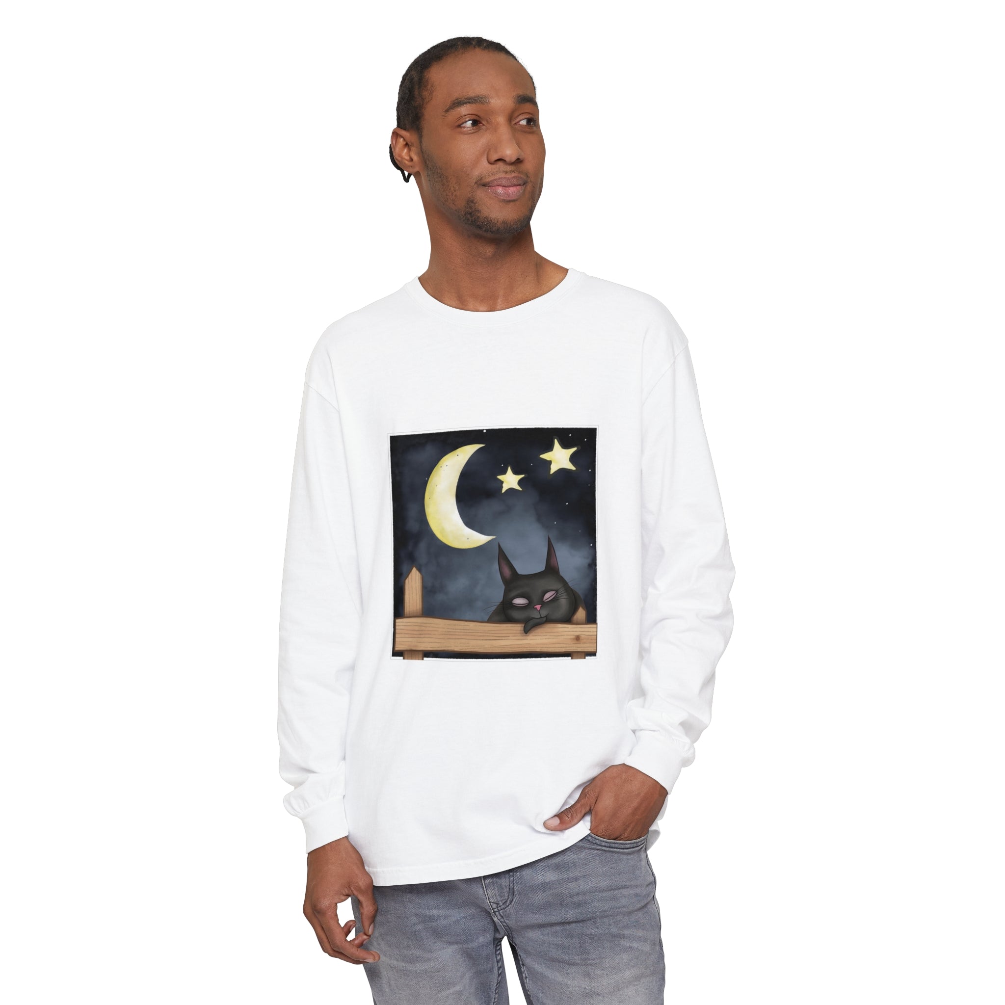 A cozy navy blue t-shirt featuring a sleepy cat gazing at the night sky