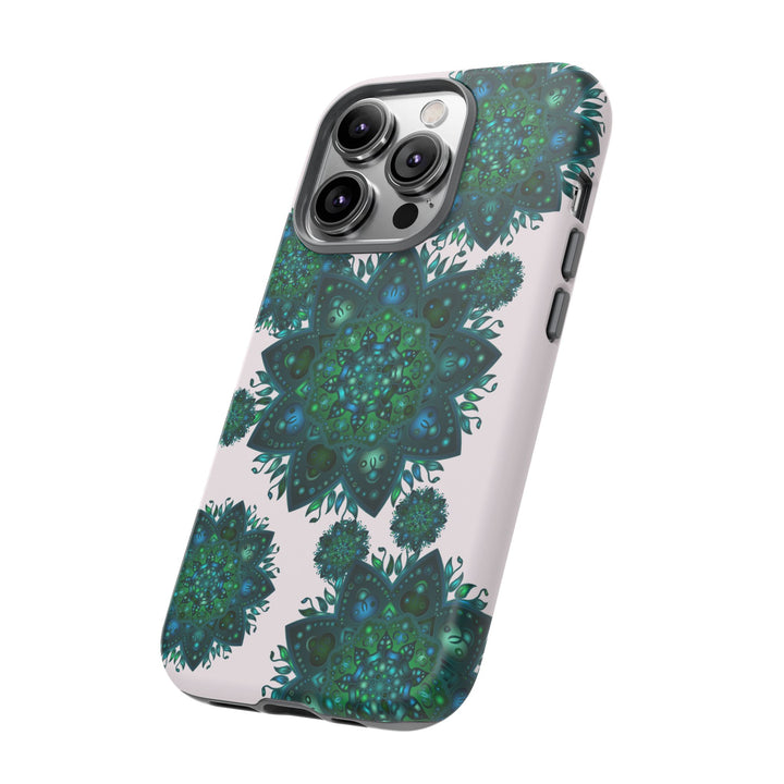 Beautiful light pink and green mandala phone case with peaceful design