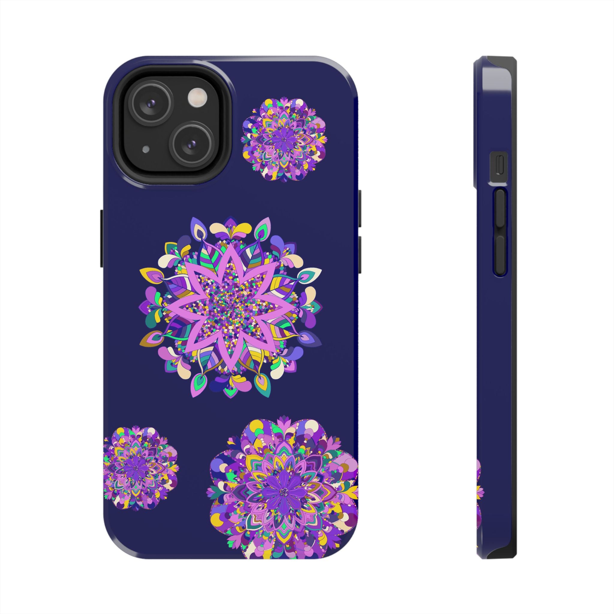 Vibrant and intricate hand-drawn mandala art in purple shades, featured on a durable and shock absorbent phone case