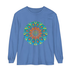 Colorful and intricate Rainbow Mandala Long Sleeve T-Shirt design on black fabric