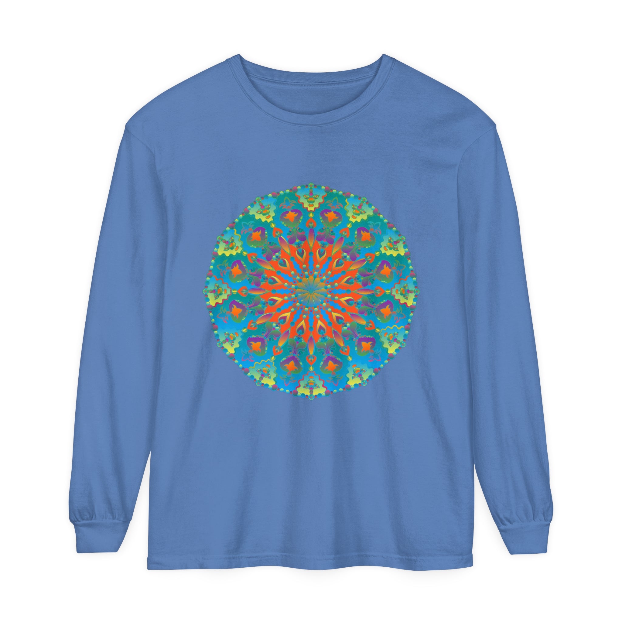Colorful and intricate Rainbow Mandala Long Sleeve T-Shirt design on black fabric