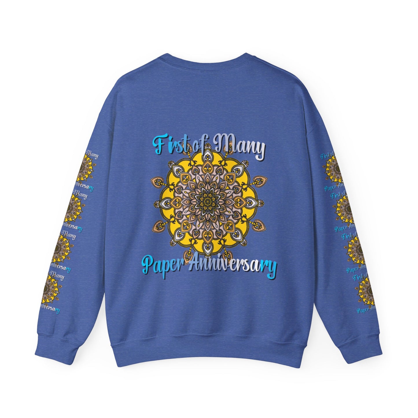 A unisex heavy blend crewneck sweatshirt, perfect for a first year wedding anniversary gift, featuring the phrase First of Many, Paper Anniversary