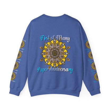 A unisex heavy blend crewneck sweatshirt, perfect for a first year wedding anniversary gift, featuring the phrase First of Many, Paper Anniversary