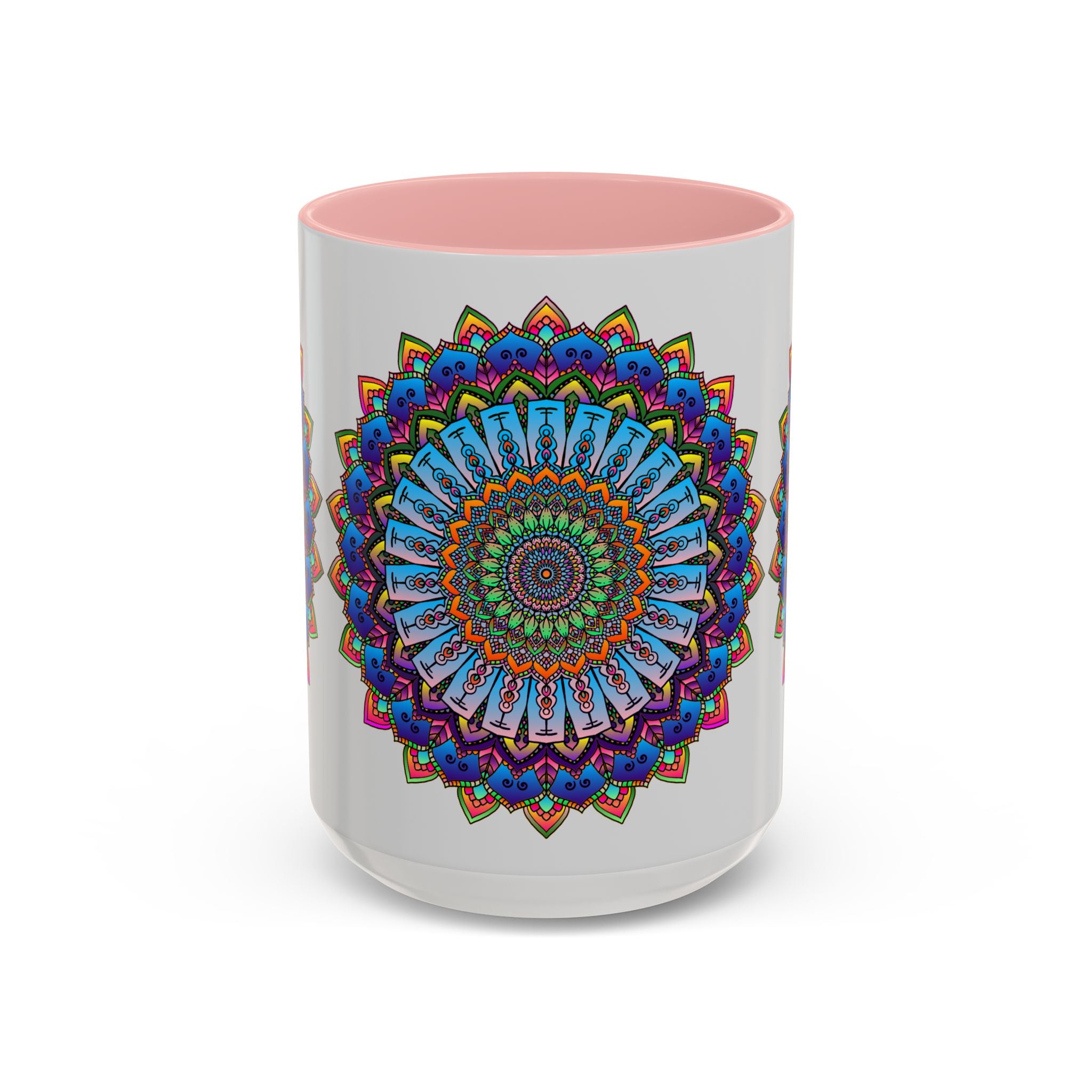  Exquisite mandala pattern in vivid hues on a grey ceramic mug 