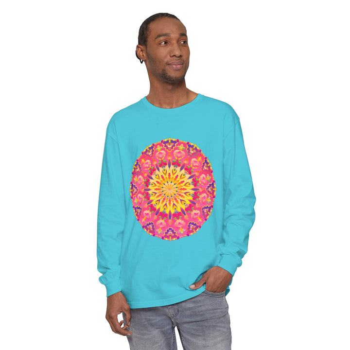 Colorful and intricate mandala design on a unisex long sleeve t-shirt