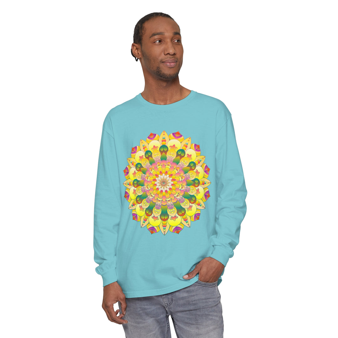 Colorful and intricate mandala design on a unisex long sleeve t-shirt