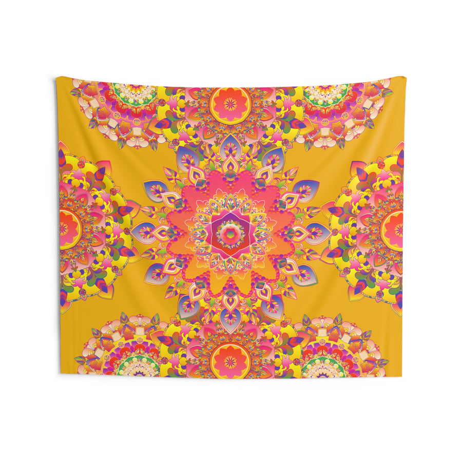 Boho Mandala Wall Tapestry – Vibrant Yellow Floral Meditation Decor