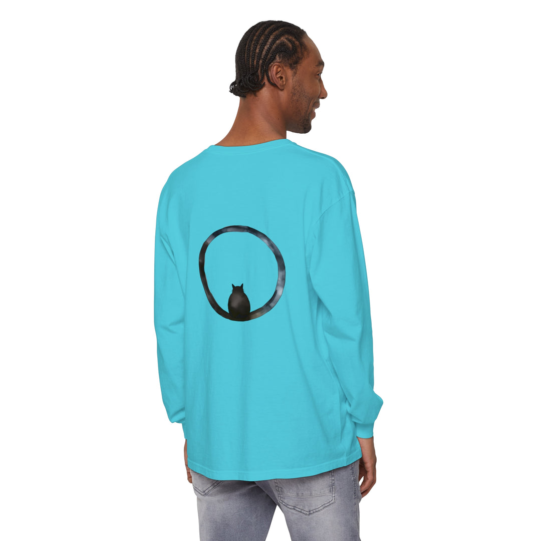 Black long sleeve t-shirt with a mysterious swirling sphere design, perfect for both men and women