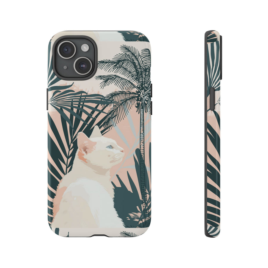 Tropical Cat Phone Case with Lush Palm Motifs and Soft Pastels