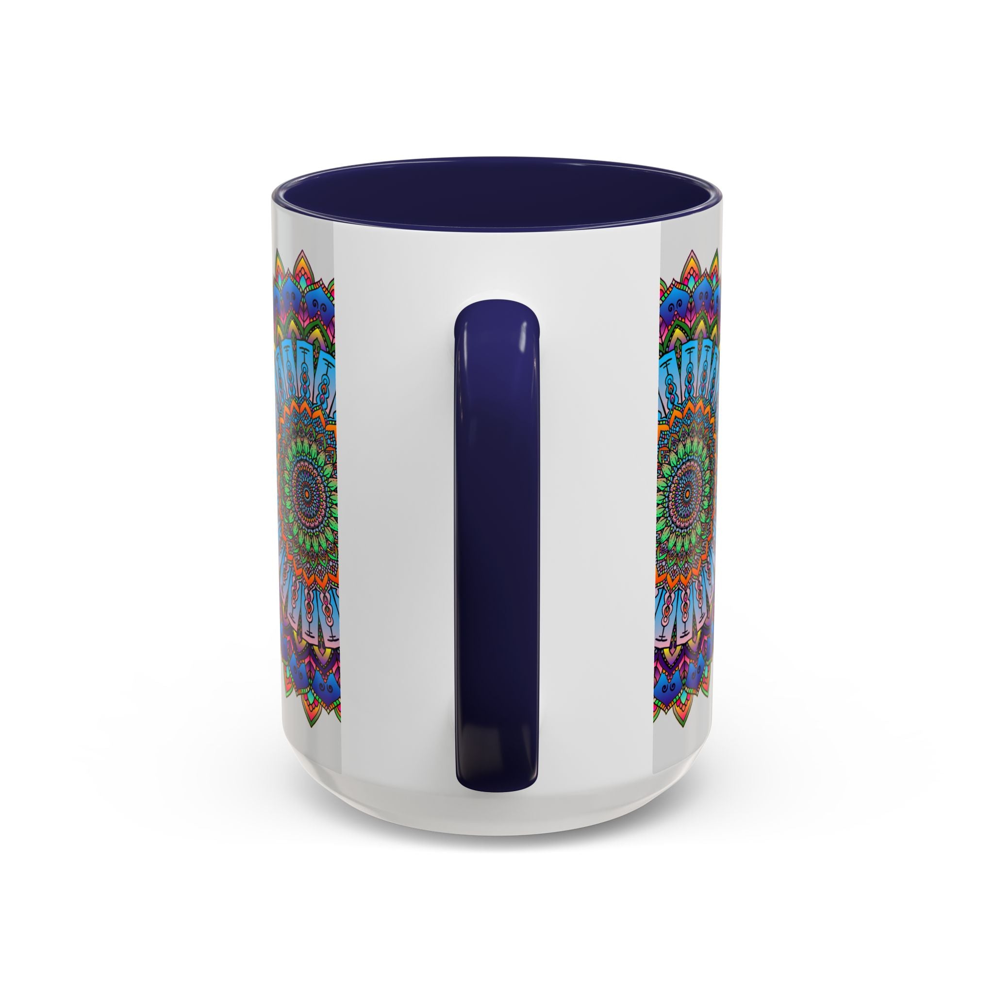 Beautiful and intricate vibrant mandala design on a grey mug