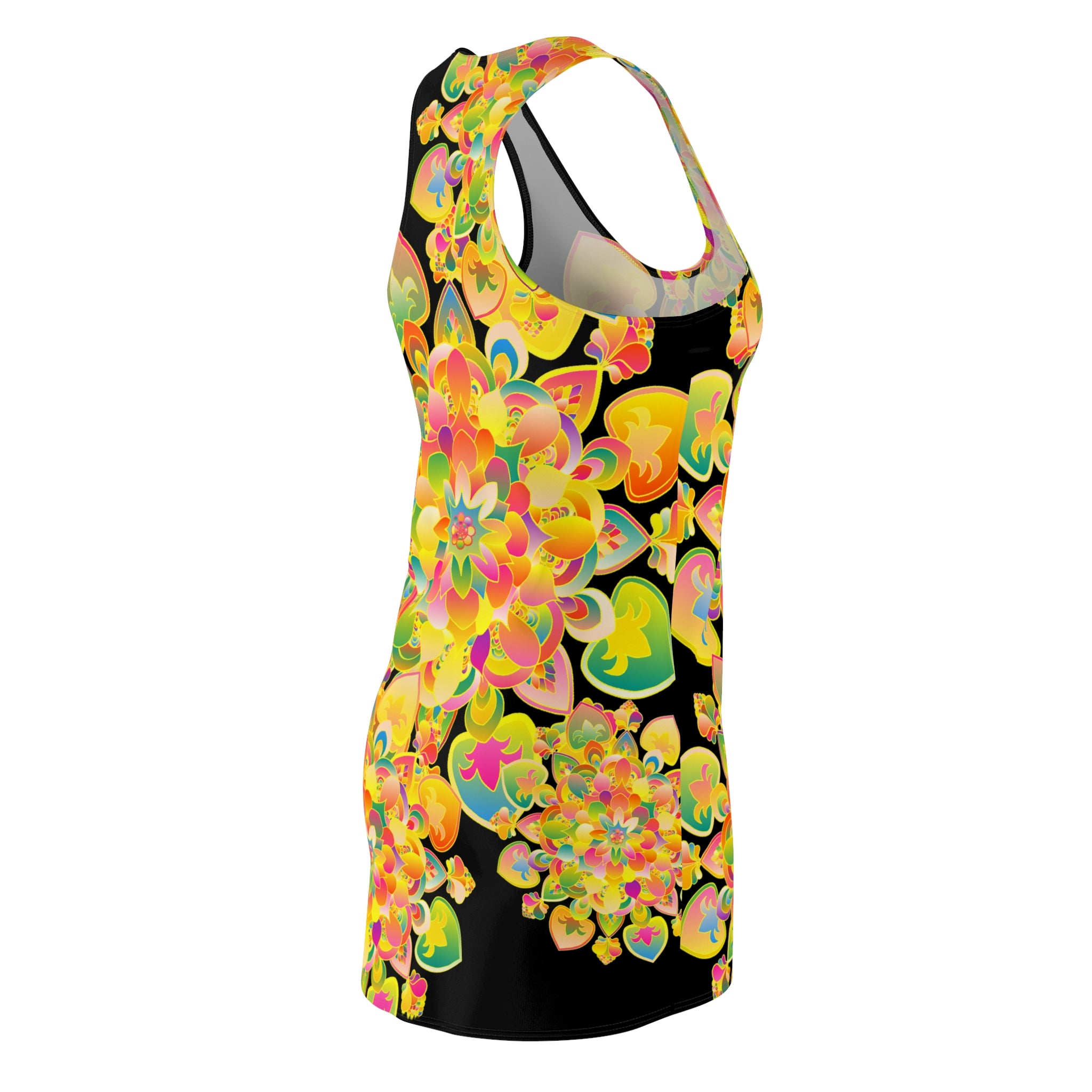 Abito con schiena incrociata Floral Radiance — Stampa integrale con mandala giallo vibrante