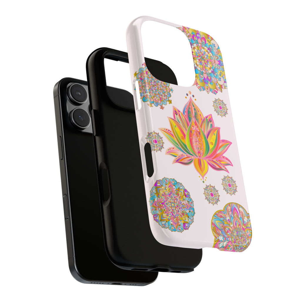 Light pink phone case with a beautiful mandala design and lotus flower pattern