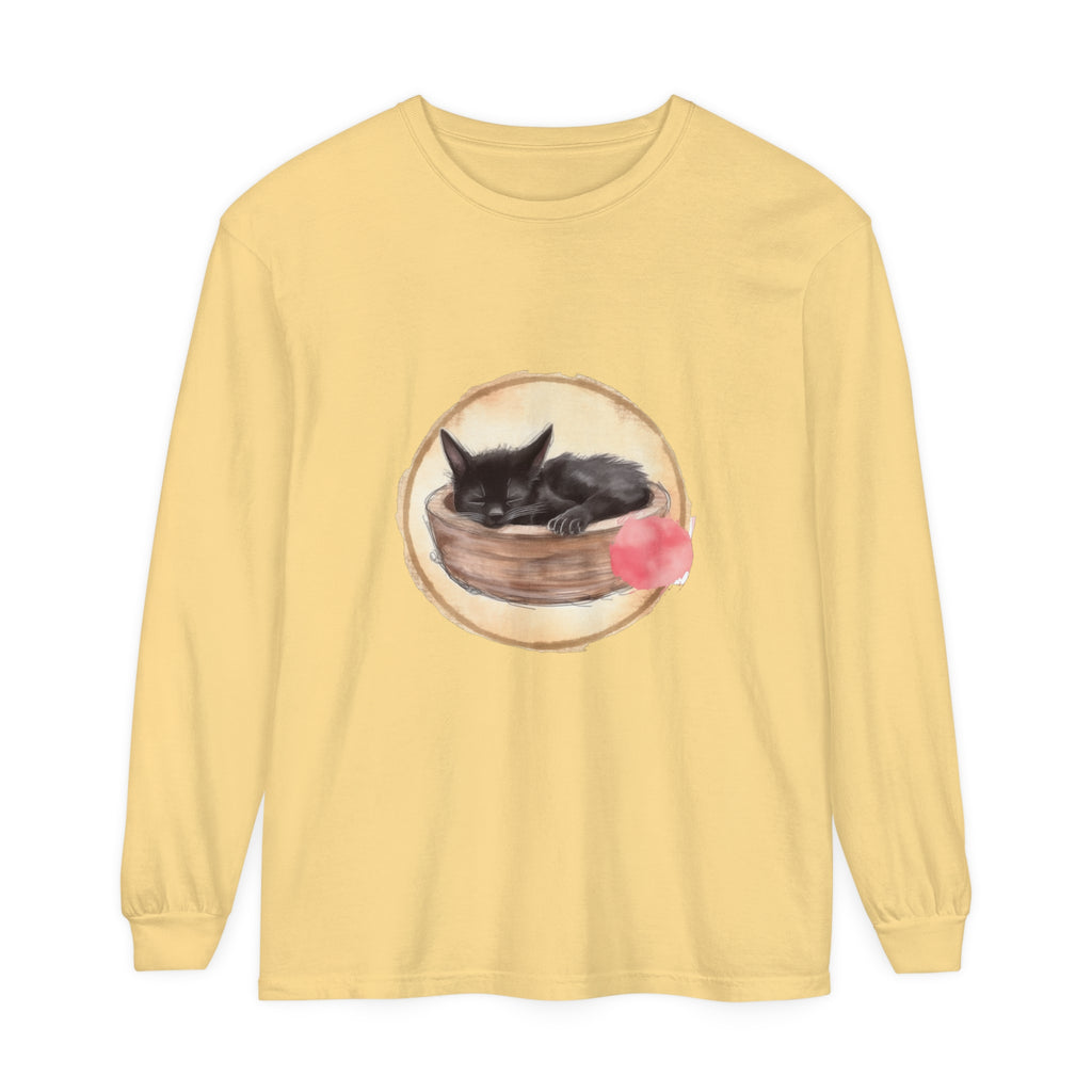 Sleeping cat curled up in a bowl, watercolor design, long sleeve t-shirt