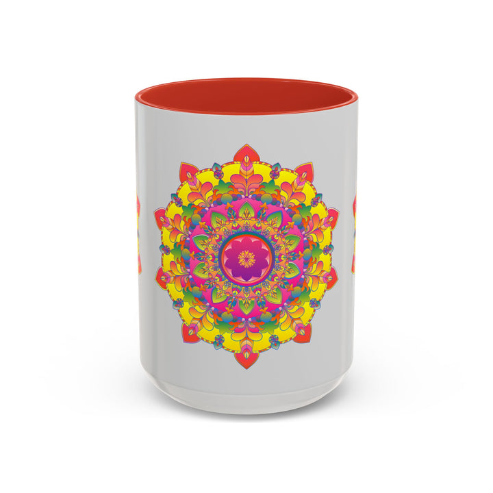 Mandala Mug - Vibrant Art on Grey ceramic coffee mug with intricate mandala design in vibrant colors on a grey background