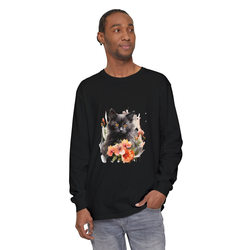 Black cat surrounded by colorful flowers in a watercolor design on t-shirt