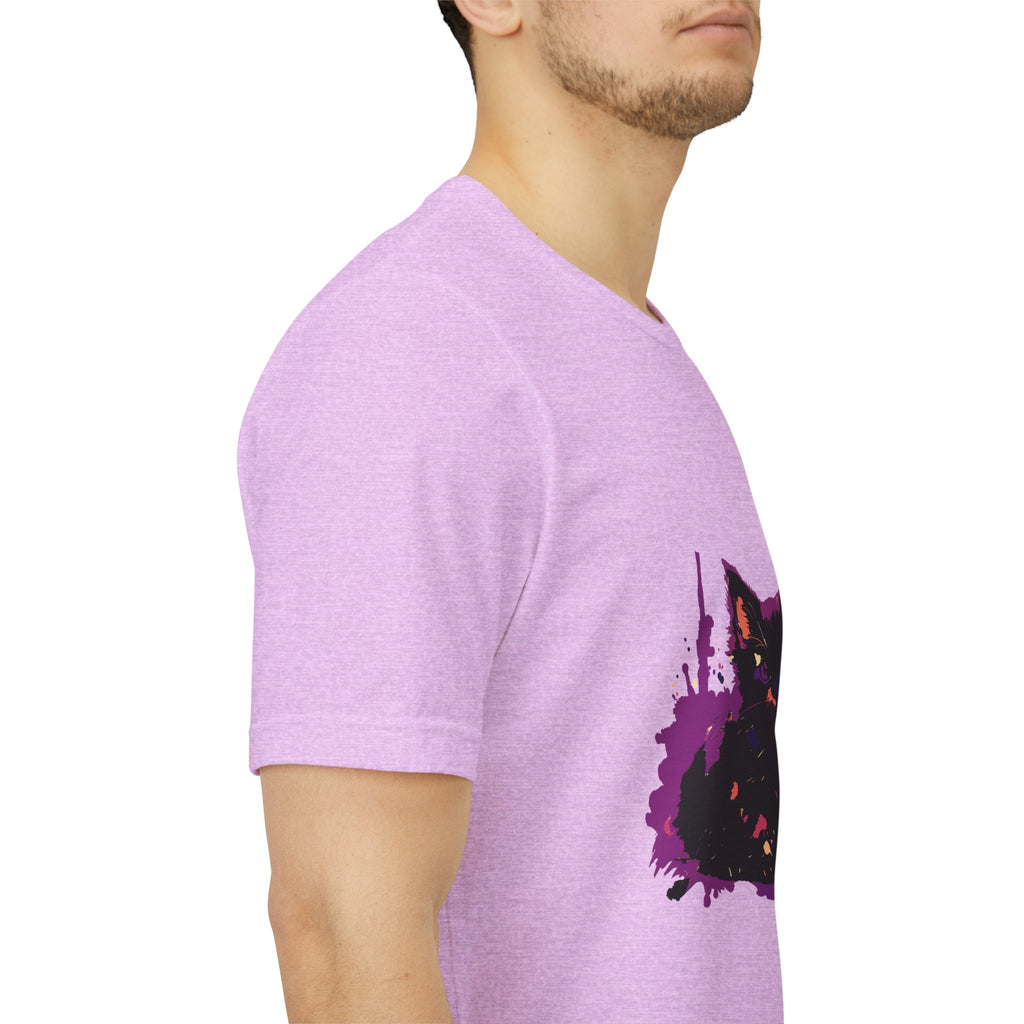 Schwarzes Katzenrätsel – Lila Farbspritzer-T-Shirt