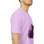 Schwarzes Katzenrätsel – Lila Farbspritzer-T-Shirt