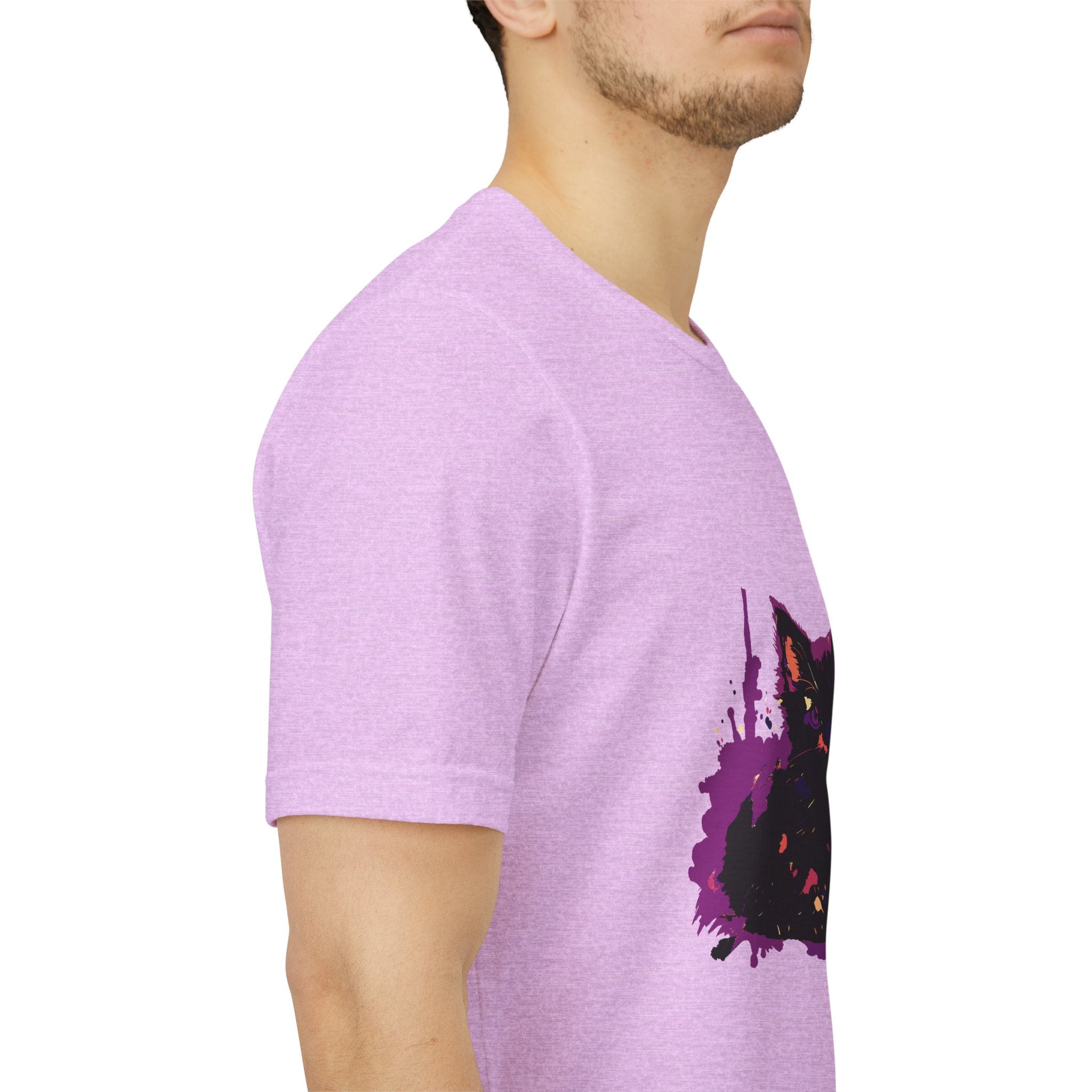 Schwarzes Katzenrätsel – Lila Farbspritzer-T-Shirt