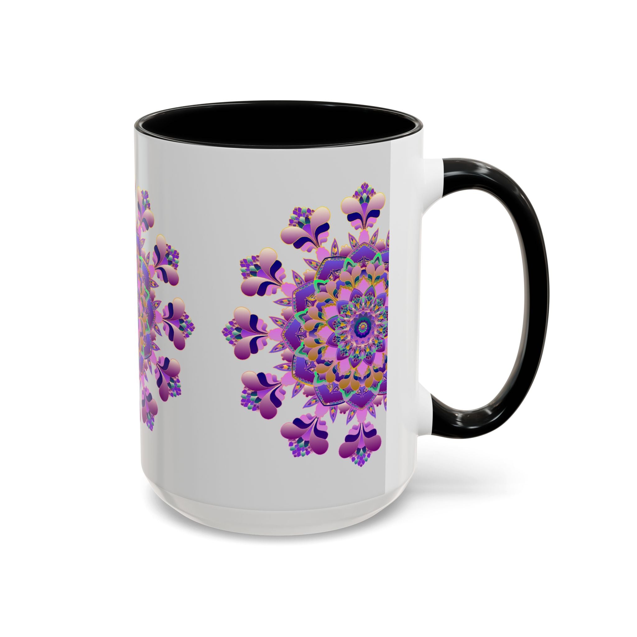 A beautiful ceramic mug with a purple and pink floral mandala design