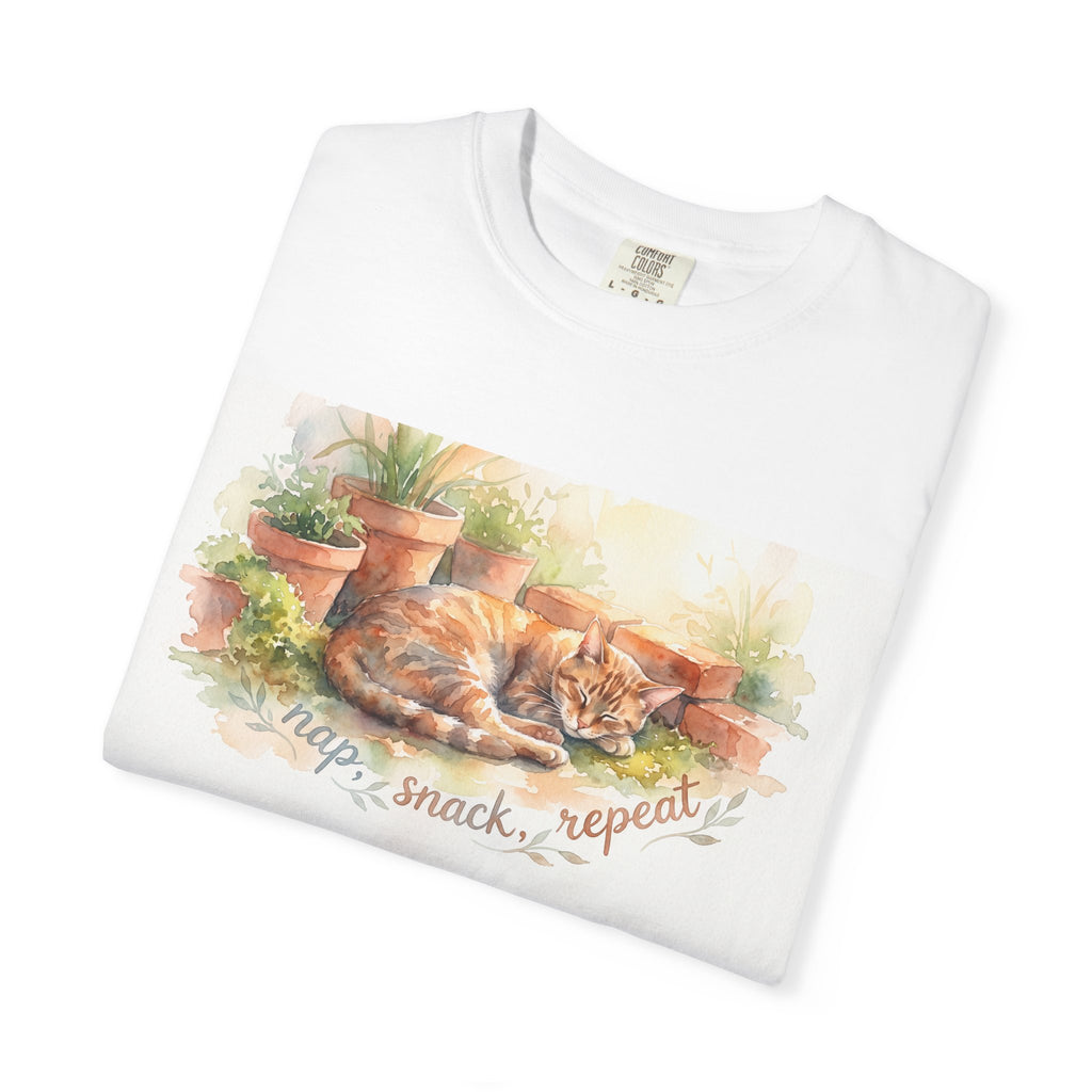 Cat Nap & Snack T-Shirt — Cozy Sleeping Cat Illustration
