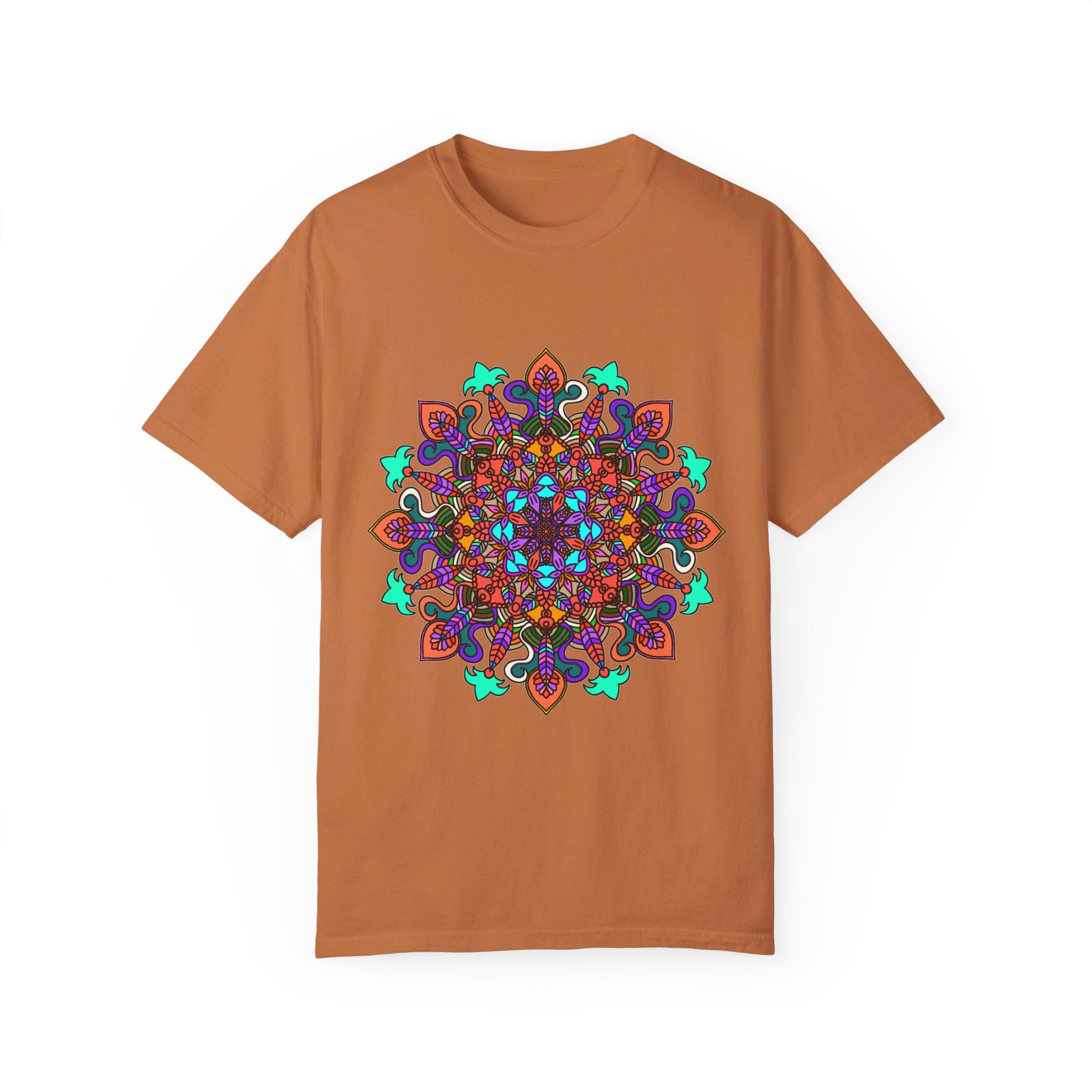 Unisex Mandala T-Shirt featuring hand-drawn mandala art, made with 100% ring-spun cotton and garment-dyed for extra comfort