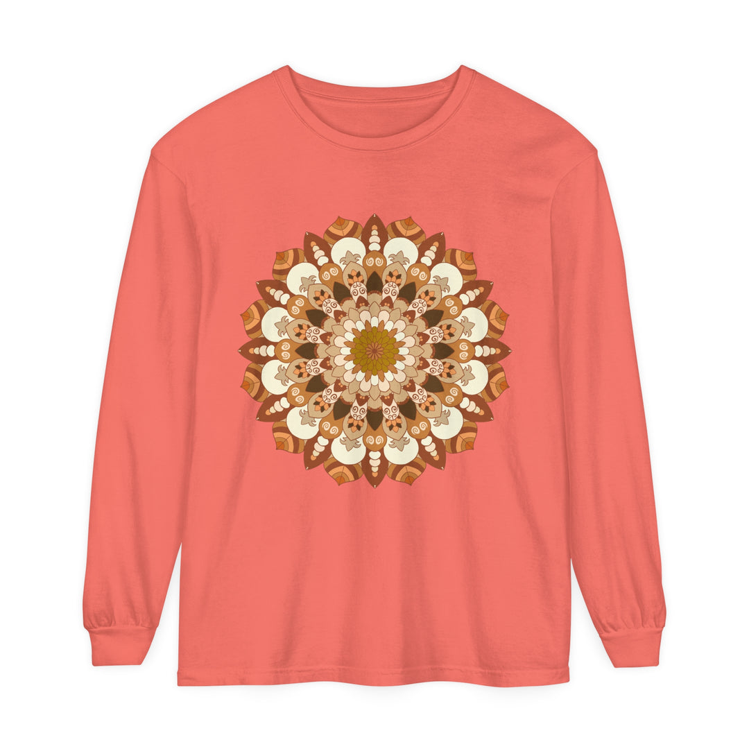 A close-up image of an intricate mandala design on a unisex long sleeve t-shirt