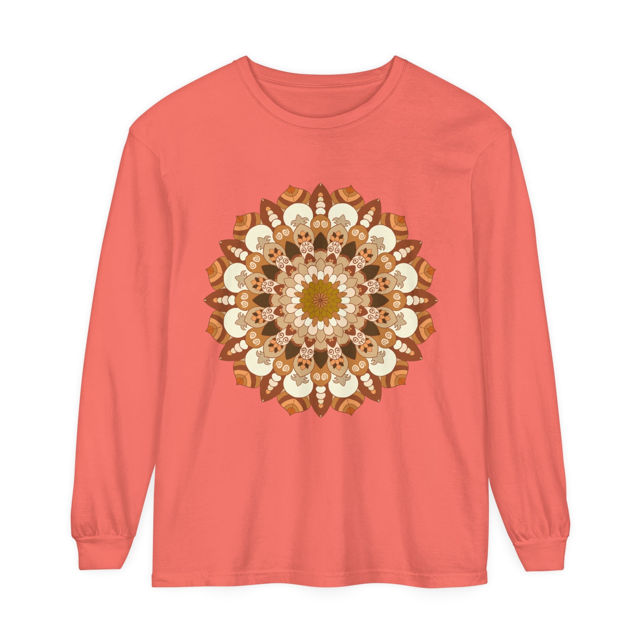 A close-up image of an intricate mandala design on a unisex long sleeve t-shirt