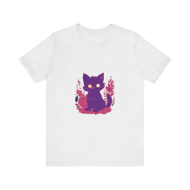 Adorable purple cat t-shirt featuring a mysterious and whimsical design