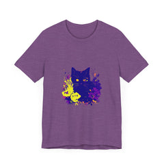 Black Cat Mystery Neon Flower T-Shirt featuring a vibrant design with a mysterious black cat and colorful flowers