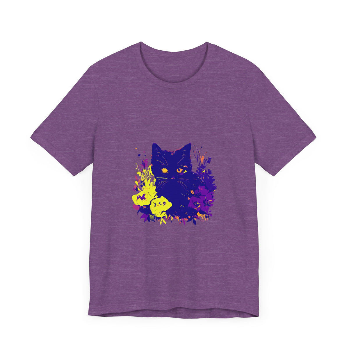 Black Cat Mystery Neon Flower T-Shirt featuring a vibrant design with a mysterious black cat and colorful flowers