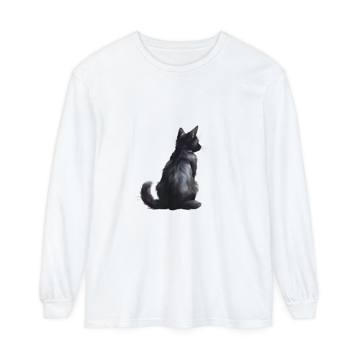 Black Cat Mystery unisex long sleeve tee in black with mesmerizing cat graphic