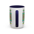 Beautiful mandala art mug with vibrant colors on a grey background