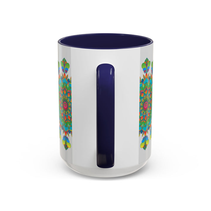 Beautiful mandala art mug with vibrant colors on a grey background