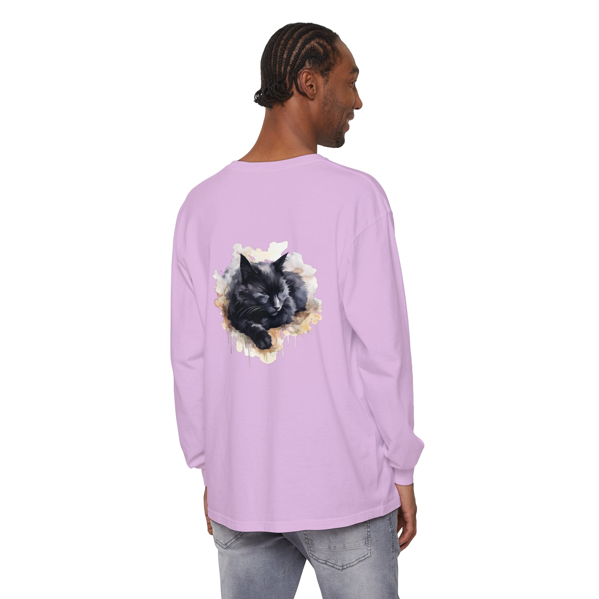 Beautiful watercolor illustration of a sleeping black cat on a comfortable t-shirt