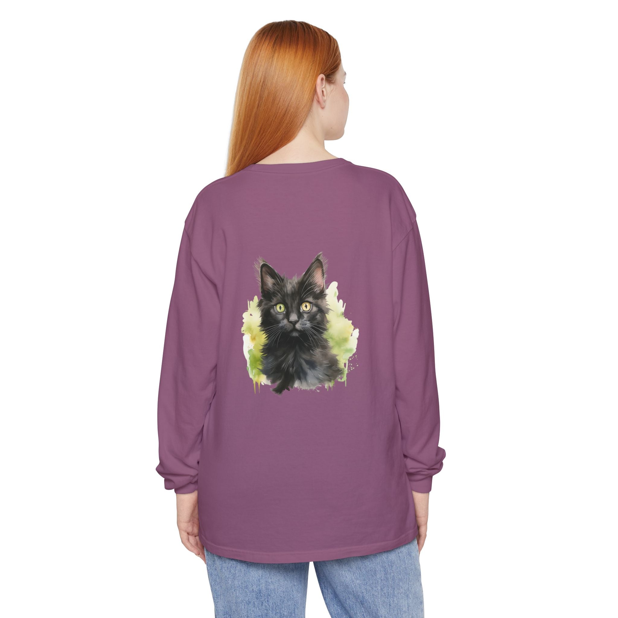 Maglietta a maniche lunghe con motivo acquerello gattino nero