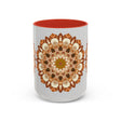 A ceramic mug featuring a mandala art design in light grey, perfect for enjoying your favorite hot beverage