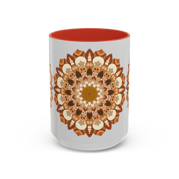 A ceramic mug featuring a mandala art design in light grey, perfect for enjoying your favorite hot beverage