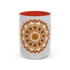 A ceramic mug featuring a mandala art design in light grey, perfect for enjoying your favorite hot beverage