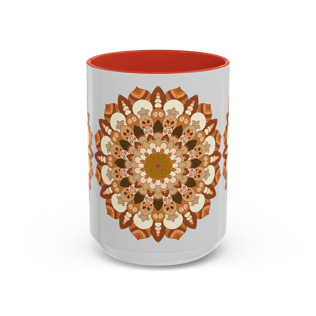 A ceramic mug featuring a mandala art design in light grey, perfect for enjoying your favorite hot beverage