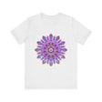 Vibrant purple and gold mandala tee with spiritual art design