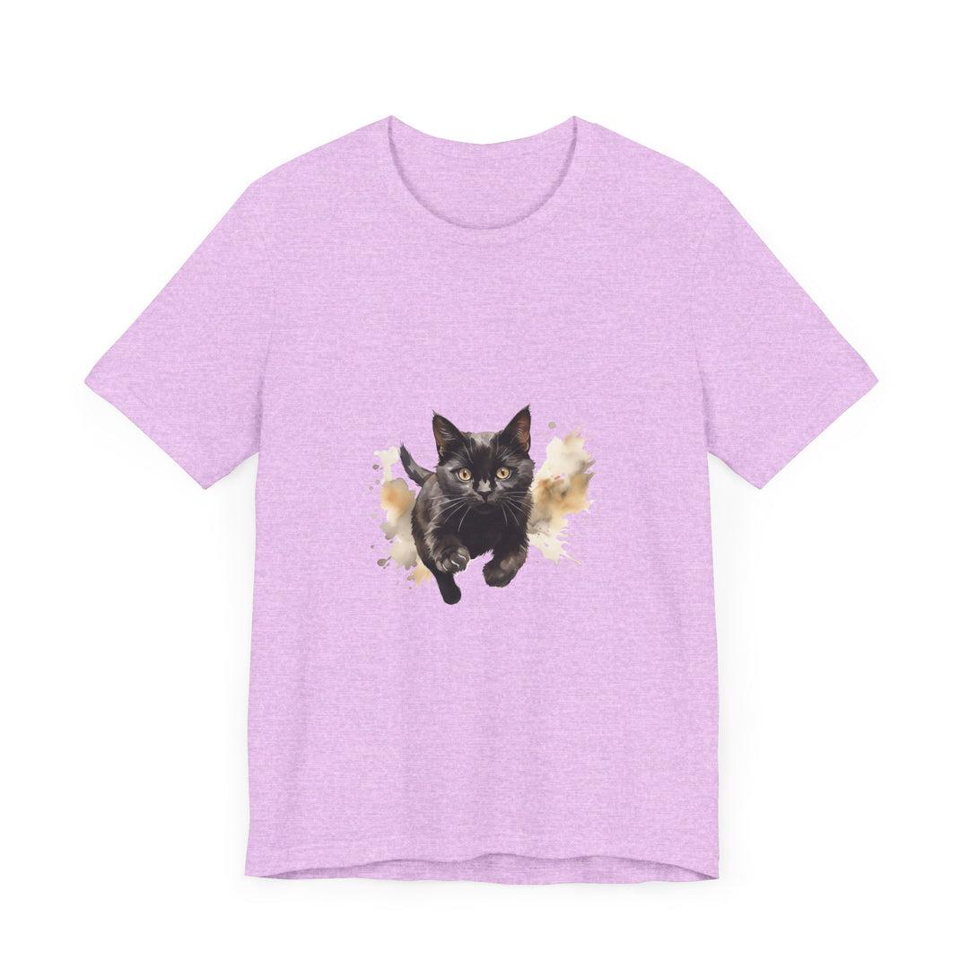 Black Cat Watercolor Sprint T-Shirt: A soft and comfy t-shirt featuring a stunning watercolor print of a black cat, perfect for cat lovers and art enthusiasts